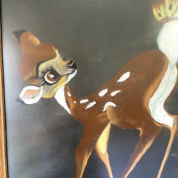 Vintage Original Chalk Pastel Drawing Bambi Deer Fawn Framed - Picture 8 of 9